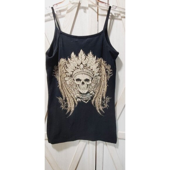 Los Angeles Bus Stop Sz M Tank Top Black Skull Bling Sleeveless - Picture 4 of 4